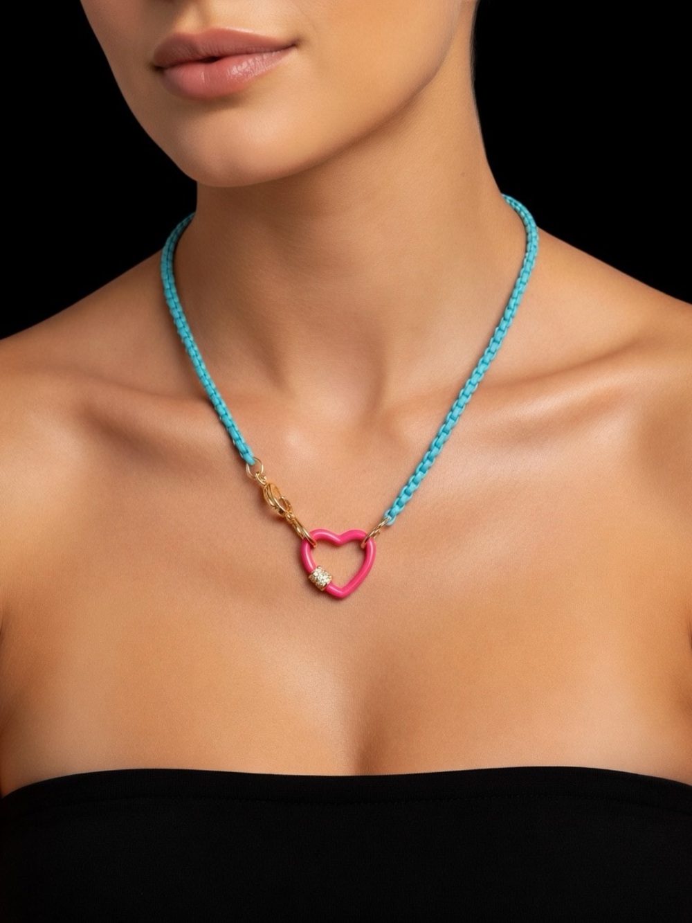 Turquoise & Pink Heart Pendant Necklace - Designer Inspired